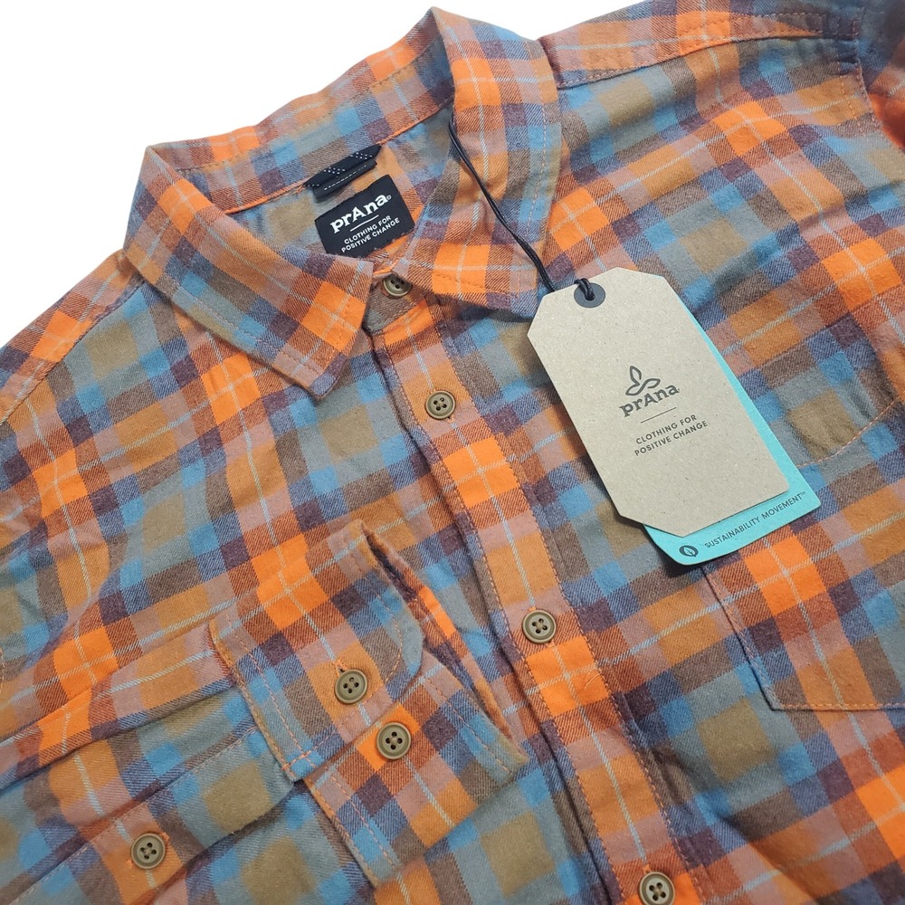 Prana Los Feliz Flannel Shirt Mens Small Orange Blue Ember Plaid Grunge New